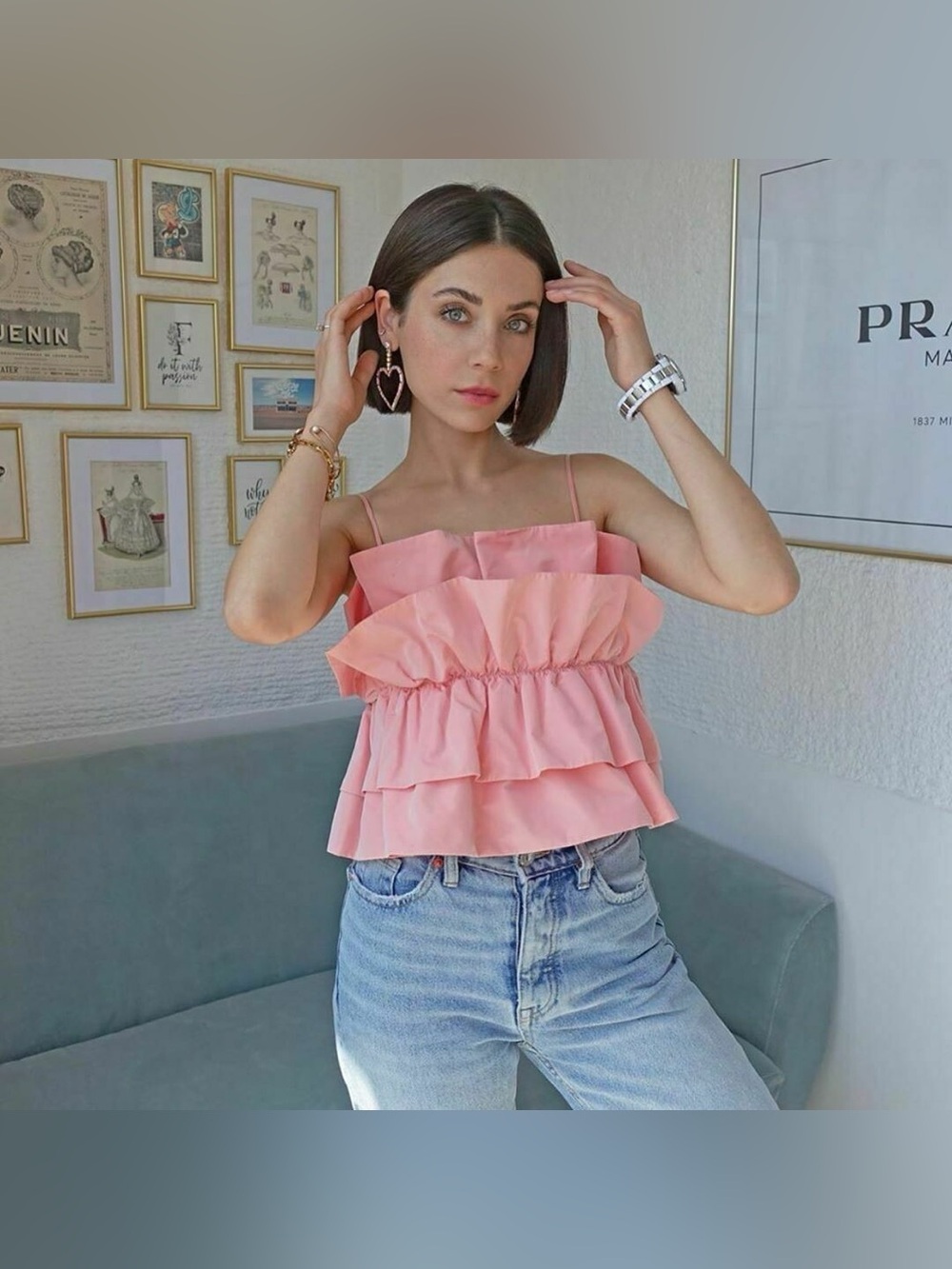 New Zara Voluminous Taffetta Top Crop Dusty Pink